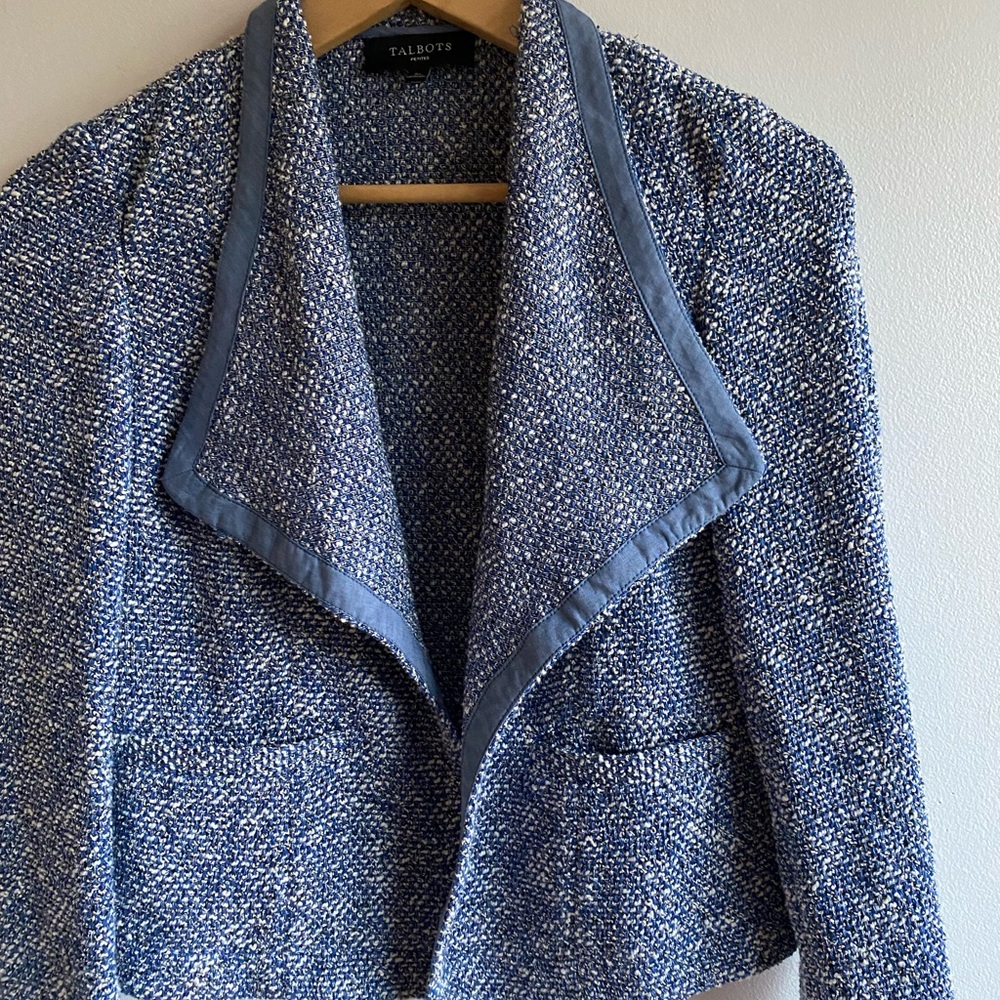 Beautiful Talbots Petites Open Front Jacket, Blue White Marled Fabric, SP